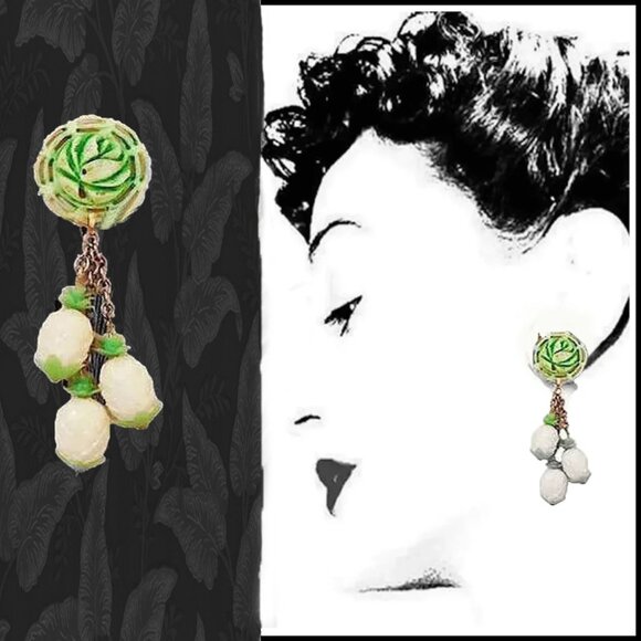 Funky Dangle Roses & Pineapples Earrings OOAK Made with Vintage - Picture 1 of 8